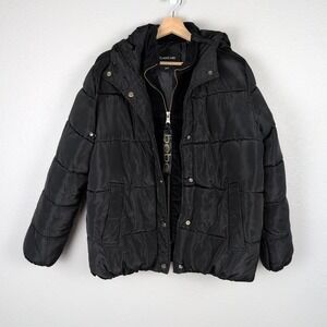 bebe Jacket Womens M Black Puffer Hooded Quilted Snap Zip Logo Patch Coat 195